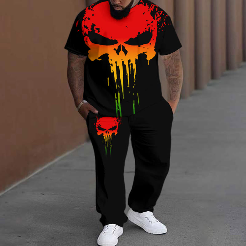 Men's Plus Size Summer Fashion Reggae Skull T-shirt Pants Set