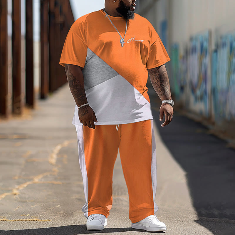 Men's Plus Size Summer Fashion Simple Colorblock Print  T-shirt Pants Set