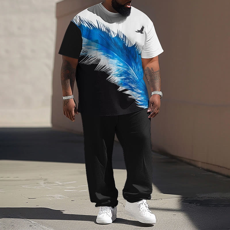 Men's Plus Size Summer Fashion Blue Feather Eagle T-shirt Pants Set