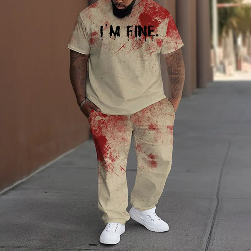 Men's Plus Size Summer Fashion I'm Fine Bloody Print T-shirt Pants Set