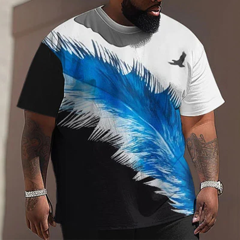 Men's Plus Size Summer Fashion Blue Feather Eagle T-shirt
