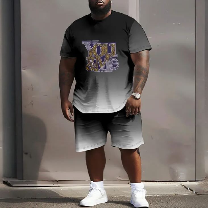 Men's Plus Size Fashion You And Me Ombre Art Print Casual Short Sleeve T-shirt Two-piece Set