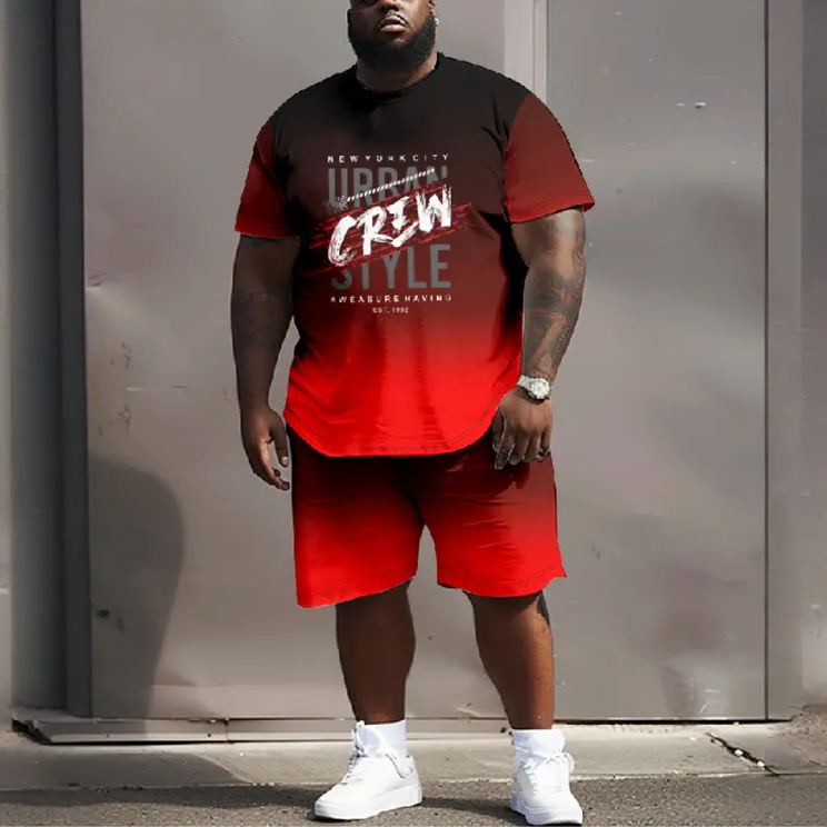 Men's Plus Size Stylish Urban Style Crew Art Print Casual Short Sleeve T-shirt Two-piece Set