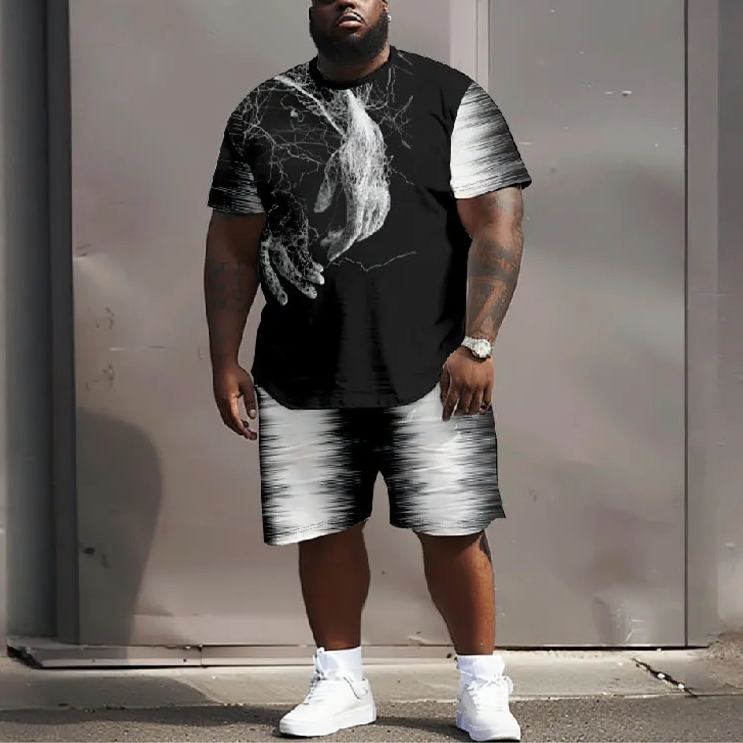 Men's Plus Size Creative Abstract Black And White Hand Casual Short Sleeve T-shirt Two-piece Set