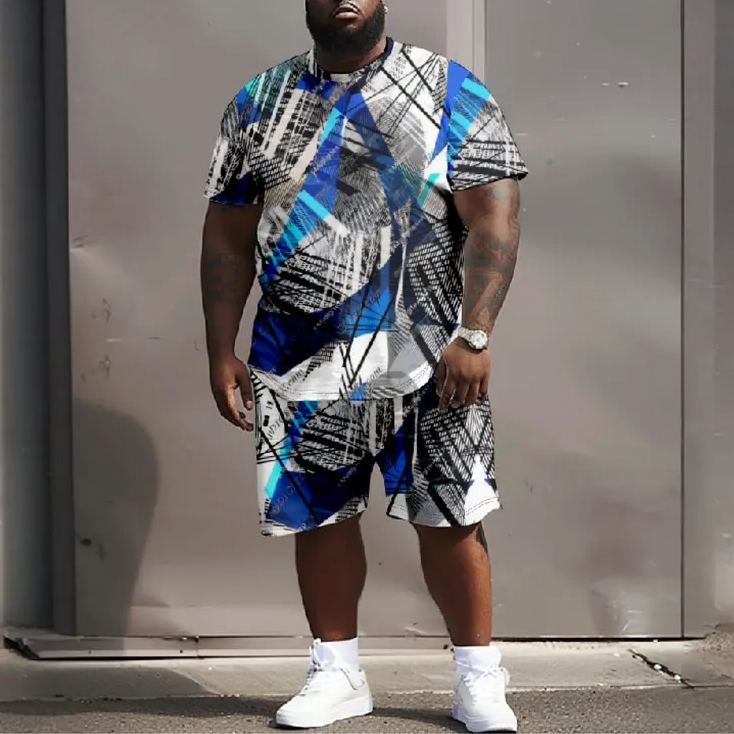 Men's Plus Size Creative Abstract Irregular Lines Casual Short Sleeve Crew Neck T-shirt Two-piece Set