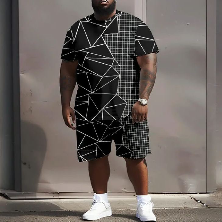 Men's Plus Size Irregular Geometric Graphic Splicing Grid Casual Short Sleeve T-shirt Two-piece Set