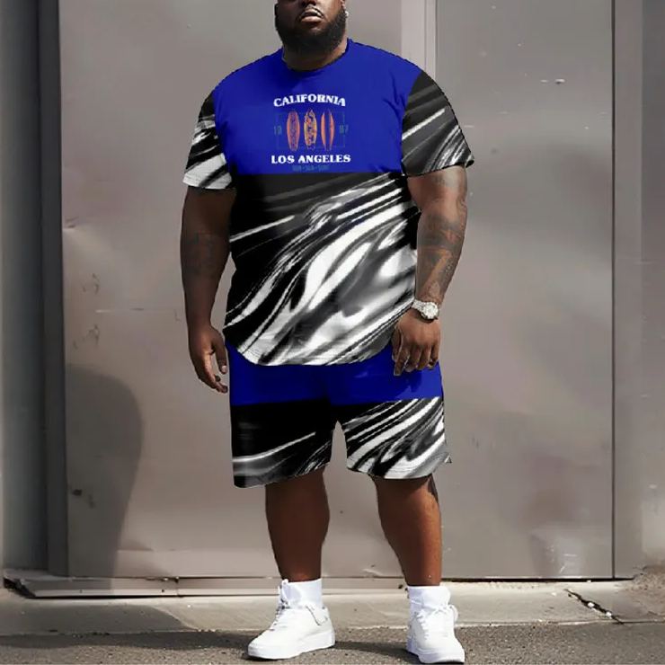 Men's Plus Size California 1987 Los Angeles Black And White Stripe Short Sleeve T-shirt Two-piece Set