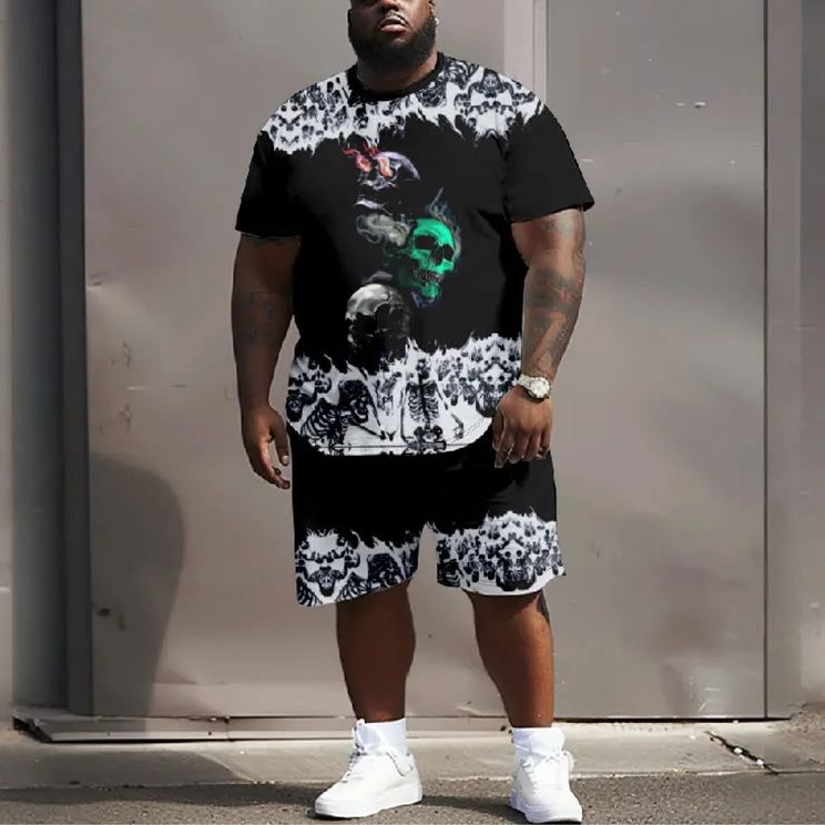 Men's Plus Size Abstract Skull Horror Art Casual Short Sleeve Crew Neck T-shirt Two-piece Set