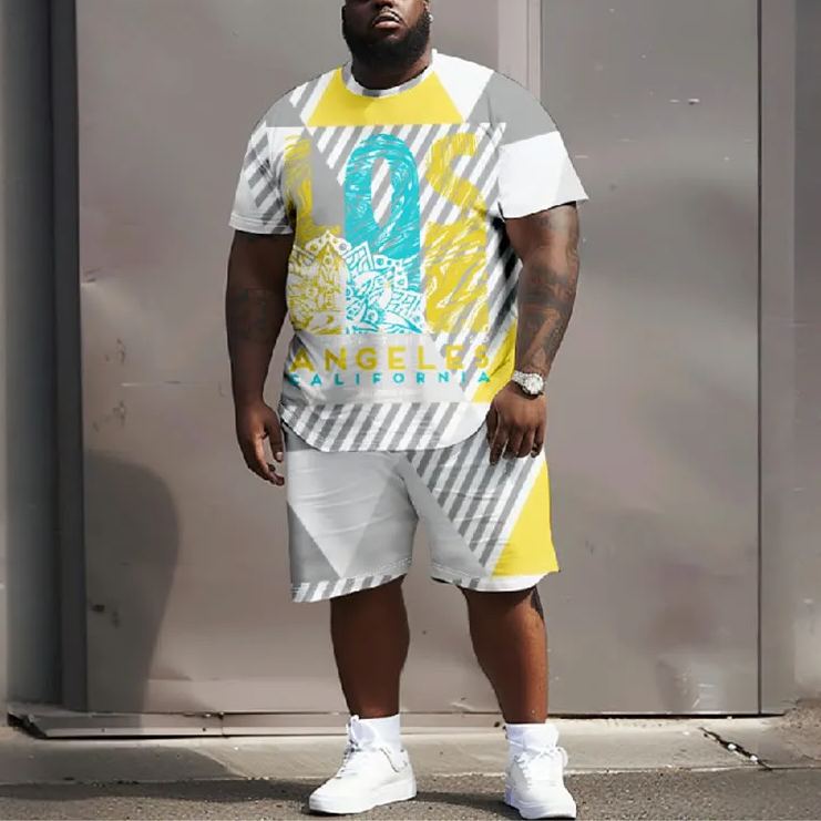 Men's Plus Size Los Angeles California Blurry Graffiti Twill Short Sleeve T-shirt Two-piece Set