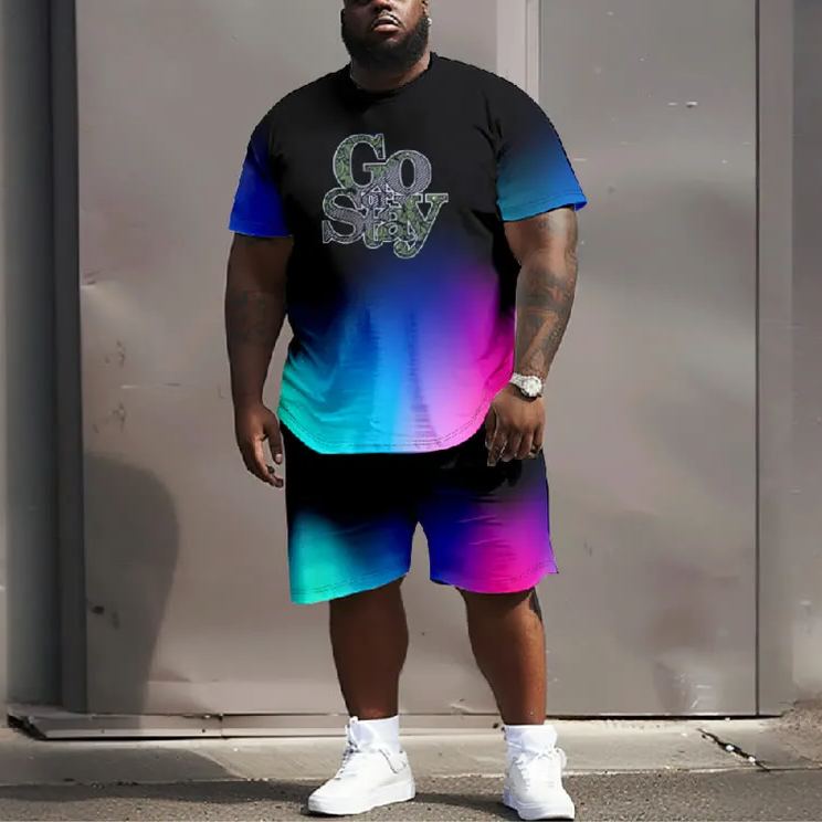 Men's Plus Size Ombre Colorful Go Or Stay Casual Short Sleeve Crew Neck T-shirt Two-piece Set