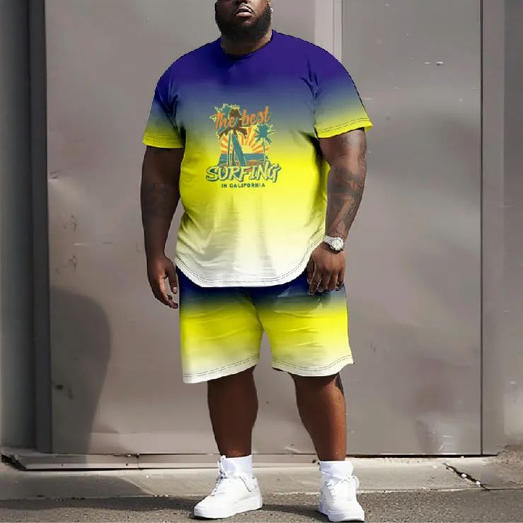 Men's Plus Size The Best Surfing In California Ombre Splicing Color Casual Short Sleeve T-shirt Two-piece Set