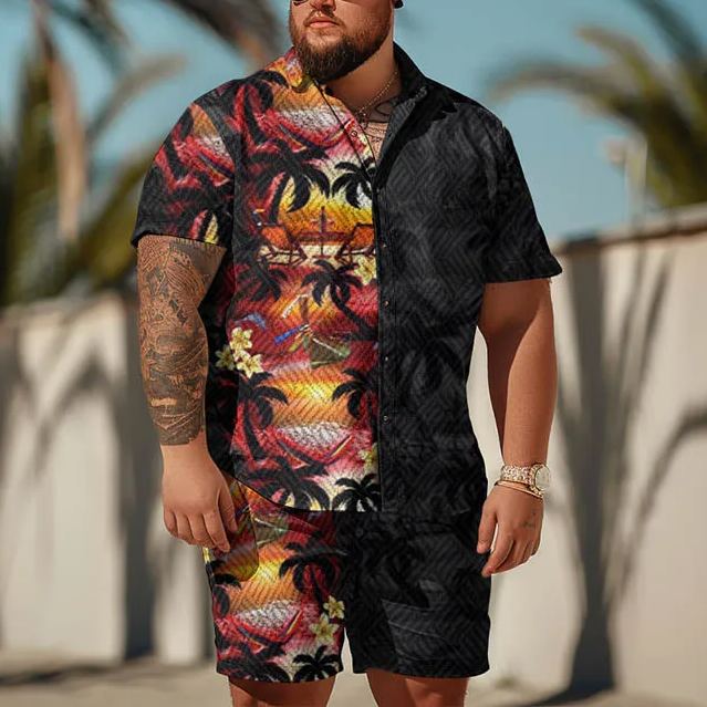 Sunset View And Coconut Tree Floral Art Print Men's Plus Size Shirt Set