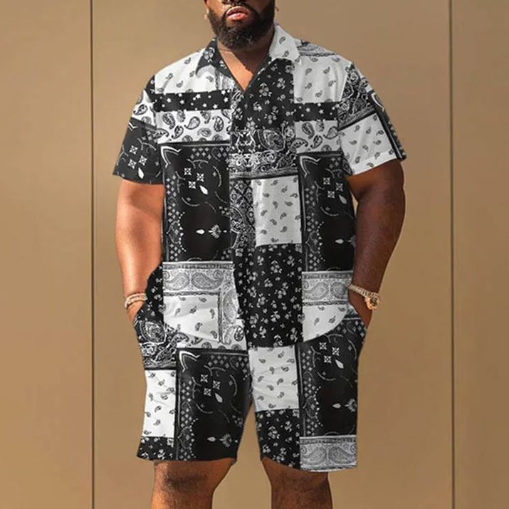 Fashion Black And White Rhombic Leaf Shape Print Men's Plus Size Shirt Set