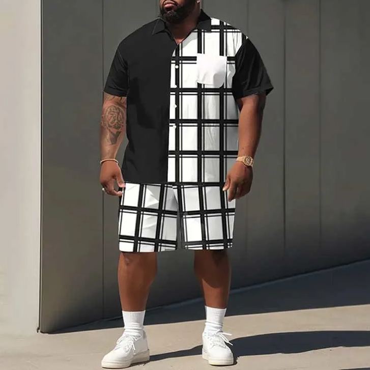 Summer Classic Black And White Grid Art Print Men's Plus Size Shirt Set