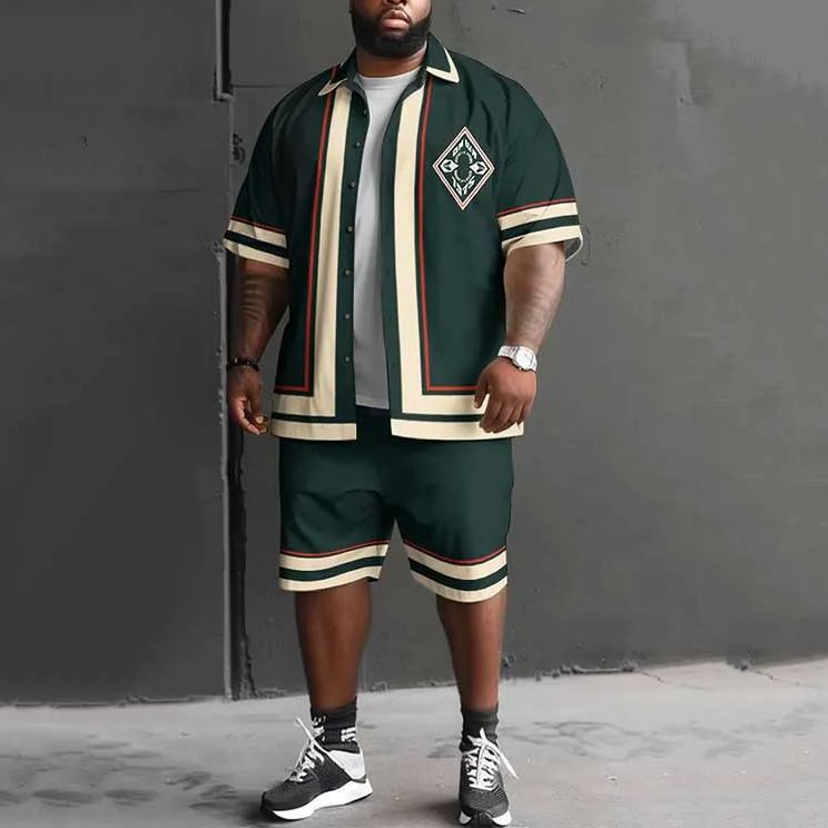 Summer Fashion Solid Color Logo Art Print Men's Plus Size Shirt Set