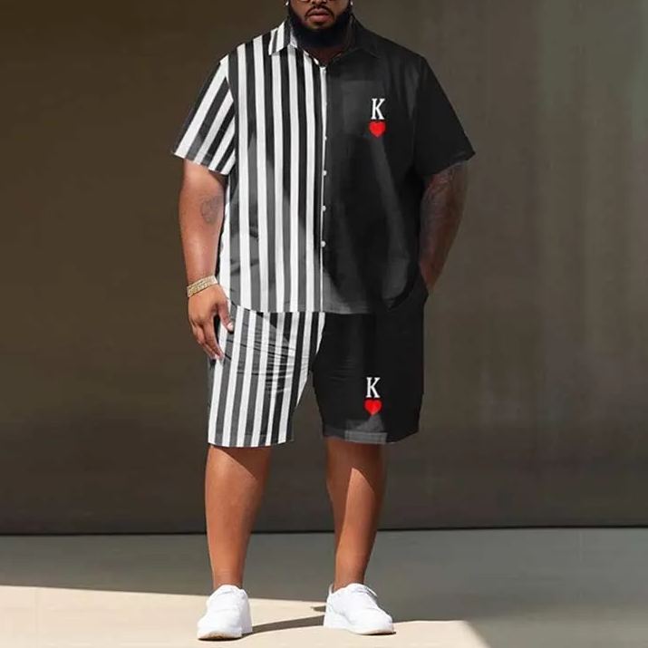 Black And White Vertical Stripe K Heart Shape Print Men's Plus Size Shirt Set