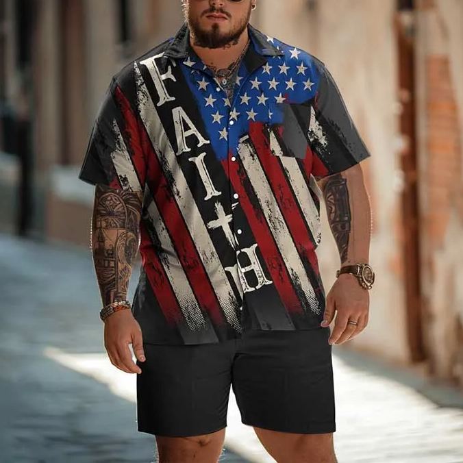 Faith US Flag Old Style Art Print Men's Plus Size Shirt Set
