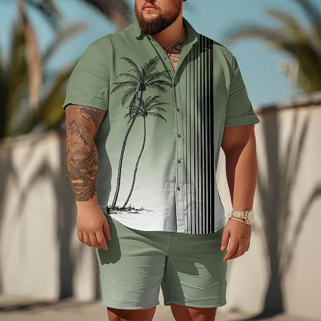 Summer Simple Ombre Coconut Tree print Men's Plus Size Shirt Set