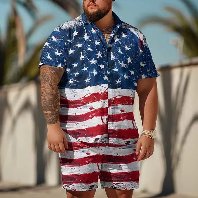 Summer Fashion US Flag Old Style Art Print Men's Plus Size Shirt Set