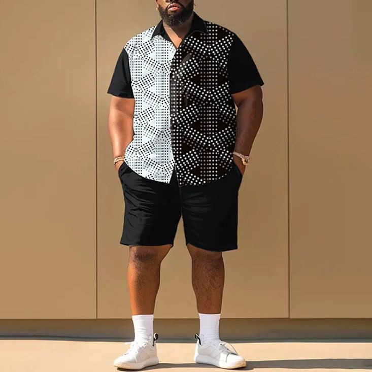 Black And White Polka Dot Pattern Print Men's Plus Size Shirt Set