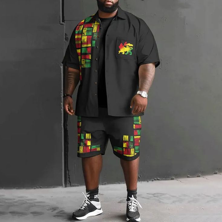 Reggae Color Vague Grid Lion Art  Print Men's Plus Size Shirt Set