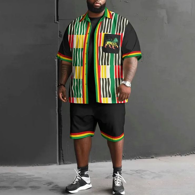 Reggae Color Stripe Lion Art Print Men's Plus Size Shirt Set