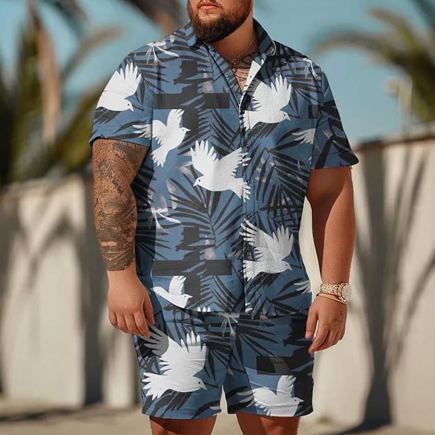 Flying Birds And Coconut Tree Leaves Art Print Men's Plus Size Shirt Set