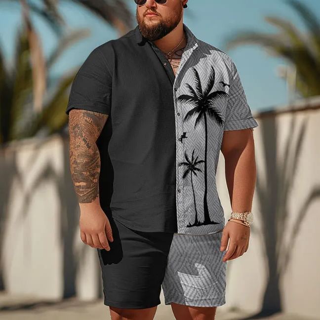 Summer Simple Coconut Tree With Birds Art Print Men's Plus Size Shirt Set