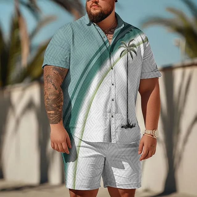 Summer Ombre Tall Coconut Tree Art Print Men's Plus Size Shirt Set