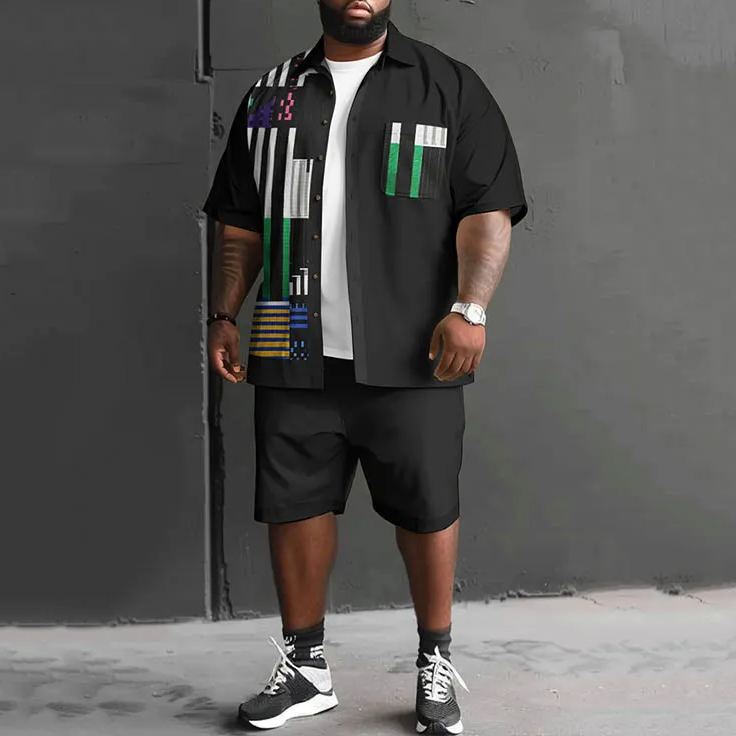 Summer Fashion Colorful Piano Key Shape Print Men's Plus Size Shirt Set