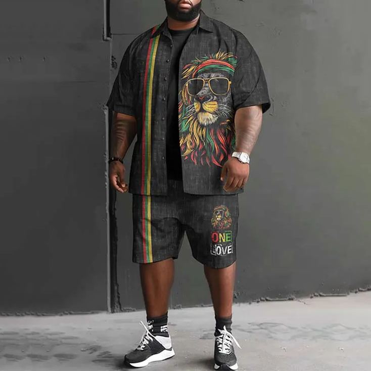 One Love Colorful Lion With Sunglasses Art Print Men's Plus Size Shirt Set