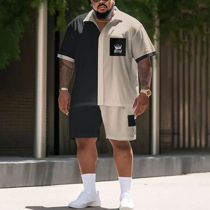 Simple Contrasting Color King Crown Art Print Men's Plus Size Shirt Set