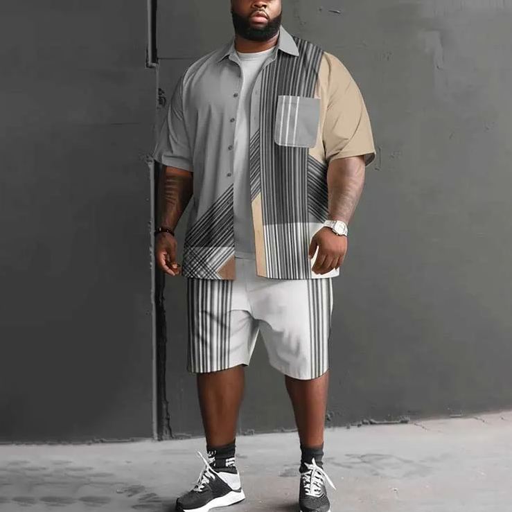 Black Stripe Splicing Solid Color Print Men's Plus Size Shirt Set