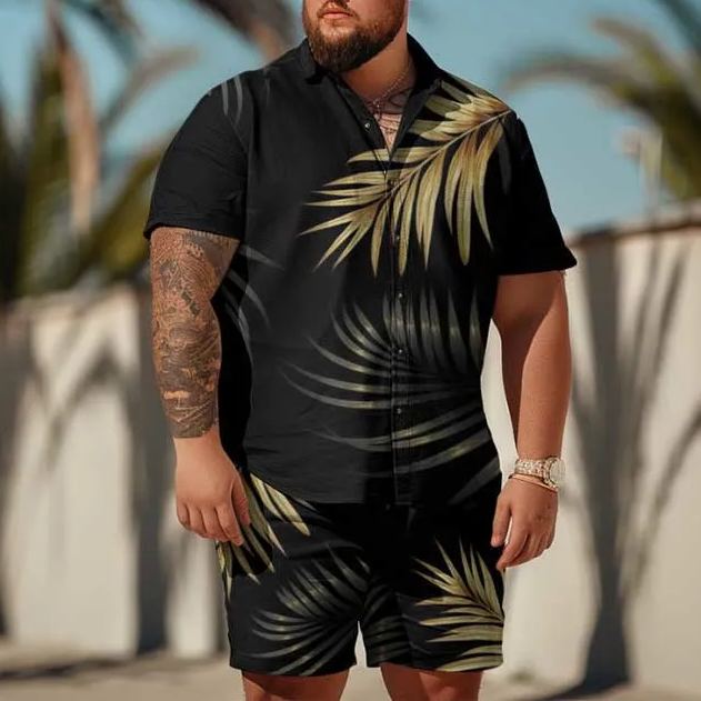 Summer Fashion Ombre Golden Leaves Art Print Men's Plus Size Shirt Set