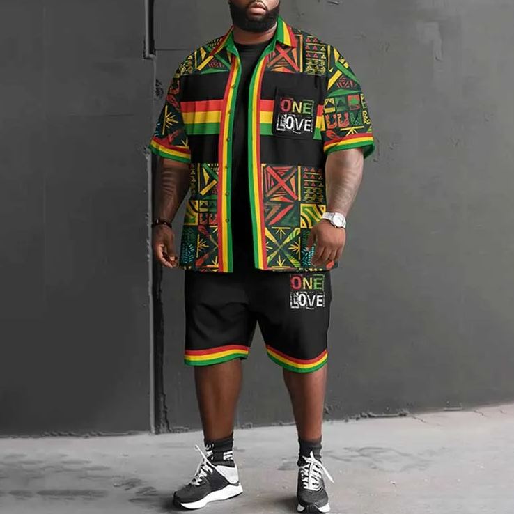 One Love Reggae Creative Pattern Art Print Men's Plus Size Shirt Set