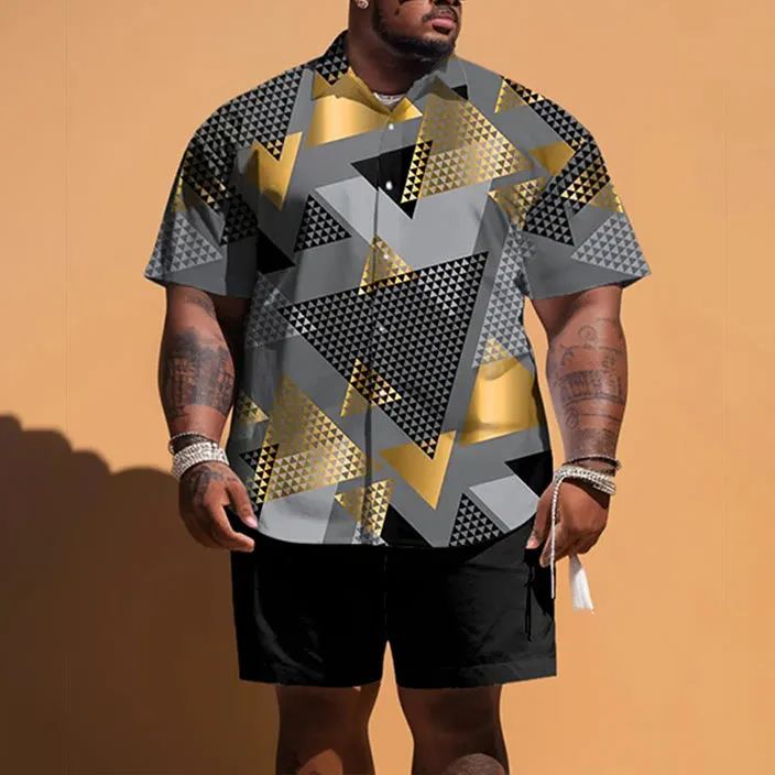Summer Creative Bicolor Triangle Art Print Men's Plus Size Shirt Set