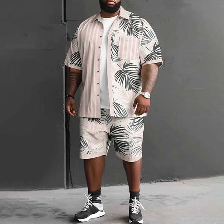 Pink Stripe Coconut Tree Leaf Art Print Men's Plus Size Shirt Set