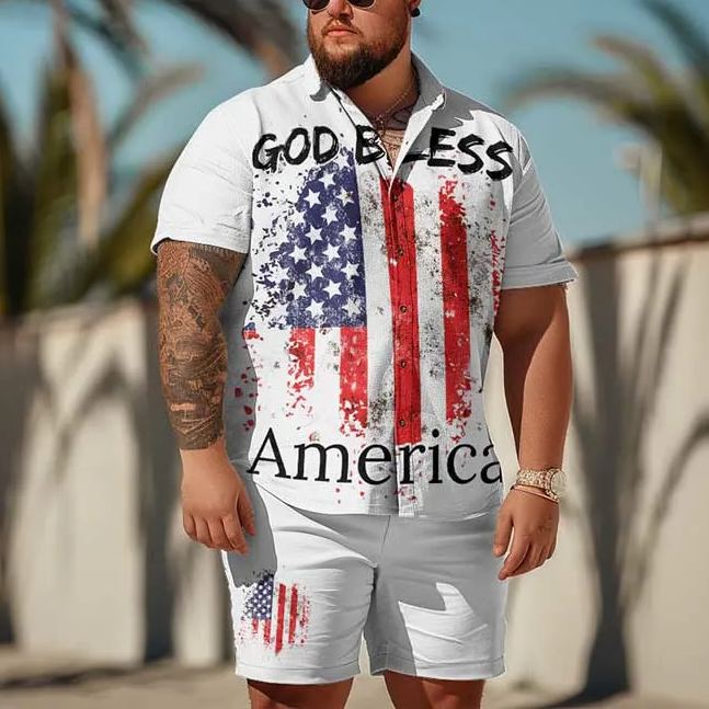 God Bless America Us Flag Art Print Men's Plus Size Shirt Set