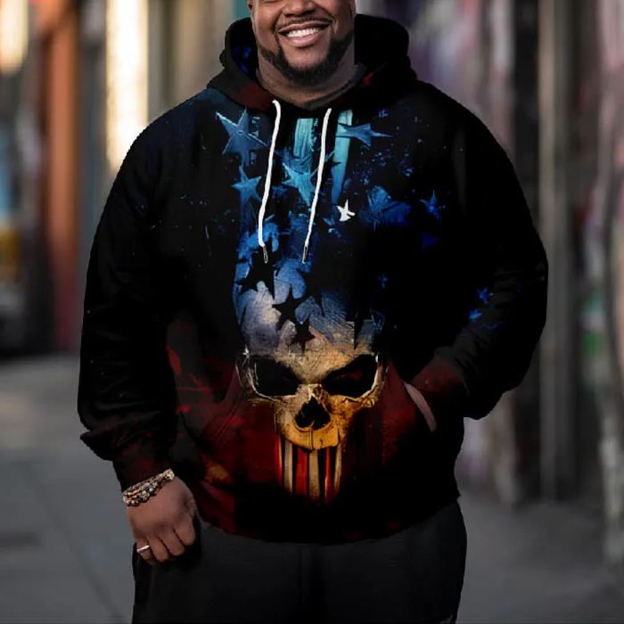 Men's Horror Skull Blue Stars Art Plus Size Hoodie