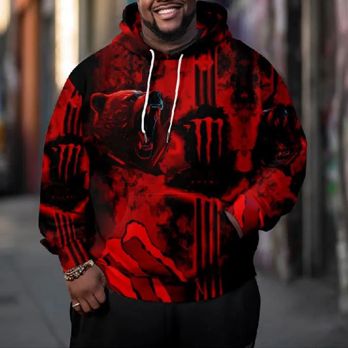 Men's Mottled Angry Roaring Bear Art Plus Size Hoodie