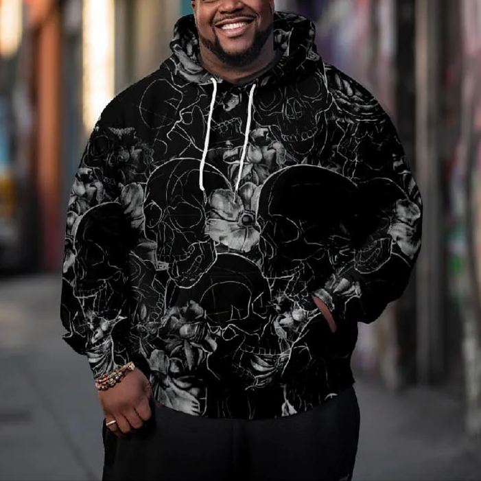 Men's Ink Watercolor Skull Floral Art Plus Size Hoodie