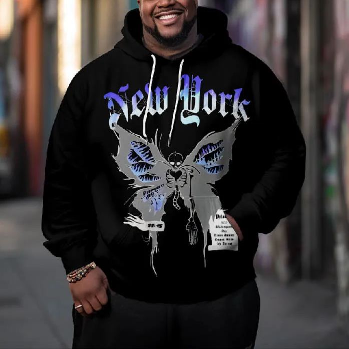 Men's New York Butterfly Skull Art Plus Size Hoodie
