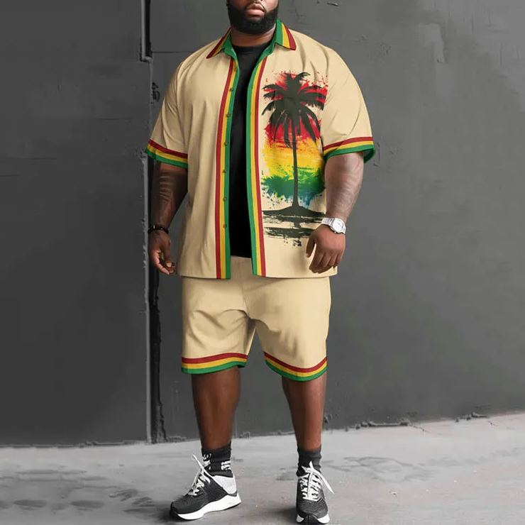 Summer Reggae Style Coconut Tree Art Print Men's Plus Size Shirt Set