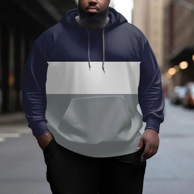 Men's Plus Size Blue White Grey Tricolor Hoodie