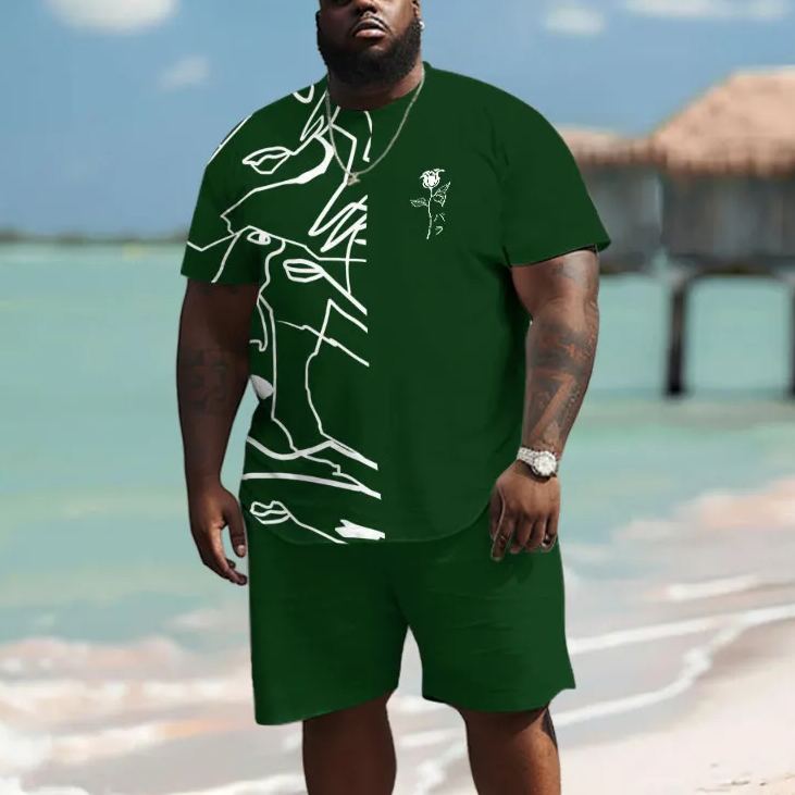 Men's Plus Size Irregular Line Flower Short Sleeve T-shirt Two-piece Set