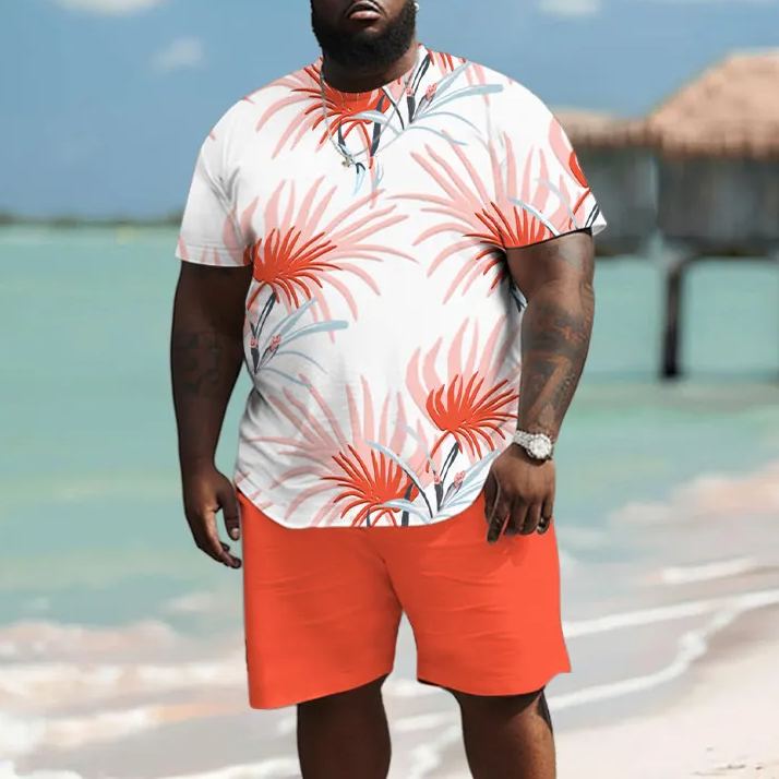 Men's Plus Size Summer Watercolor Painting Floral Print T-shirt Two-piece Set