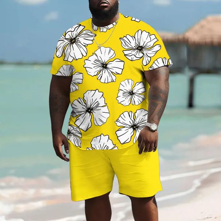 Men's Plus Size Summer Simple Floral Short Sleeve T-shirt Two-piece Set