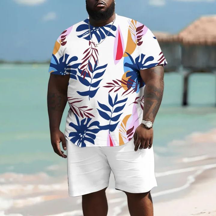 Men's Plus Size Colorful Coconut Tree Leaves Short Sleeve T-shirt Two-piece Set
