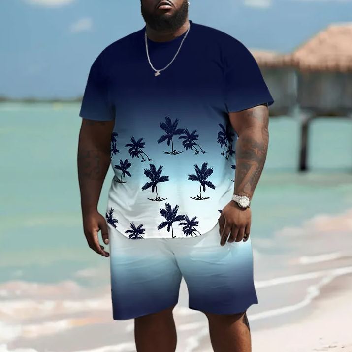 Men's Plus Size Ombre Coconut Tree Short Sleeve T-shirt Two-piece Set