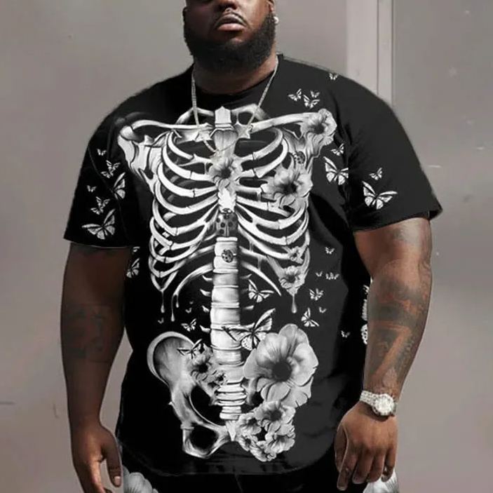 Men's Plus Size Street Casual Skull Floral Butterfly Print T-Shirt